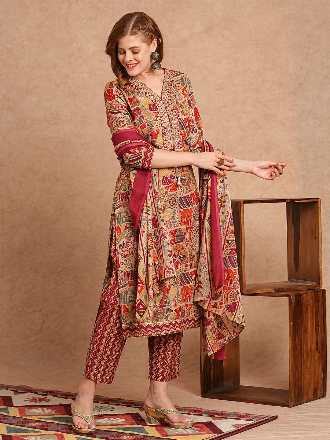 Ethnic Foil Printed & Embroidered Straight Kurta with Pant & Dupatta - Maroon