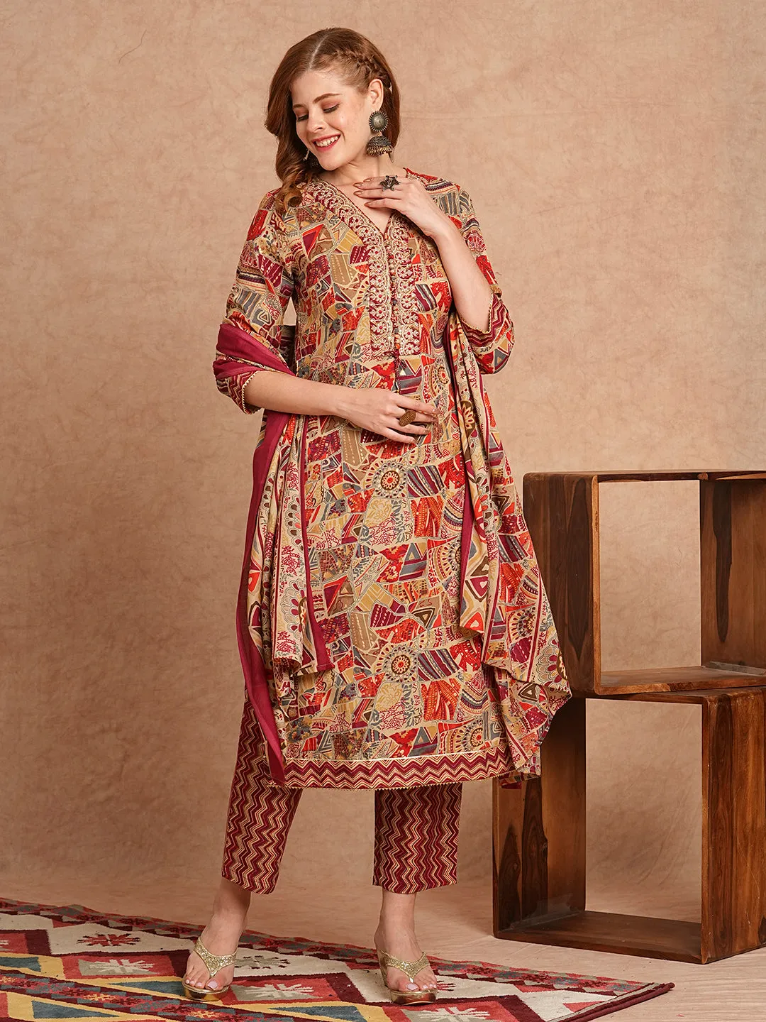 Ethnic Foil Printed & Embroidered Straight Kurta with Pant & Dupatta - Maroon