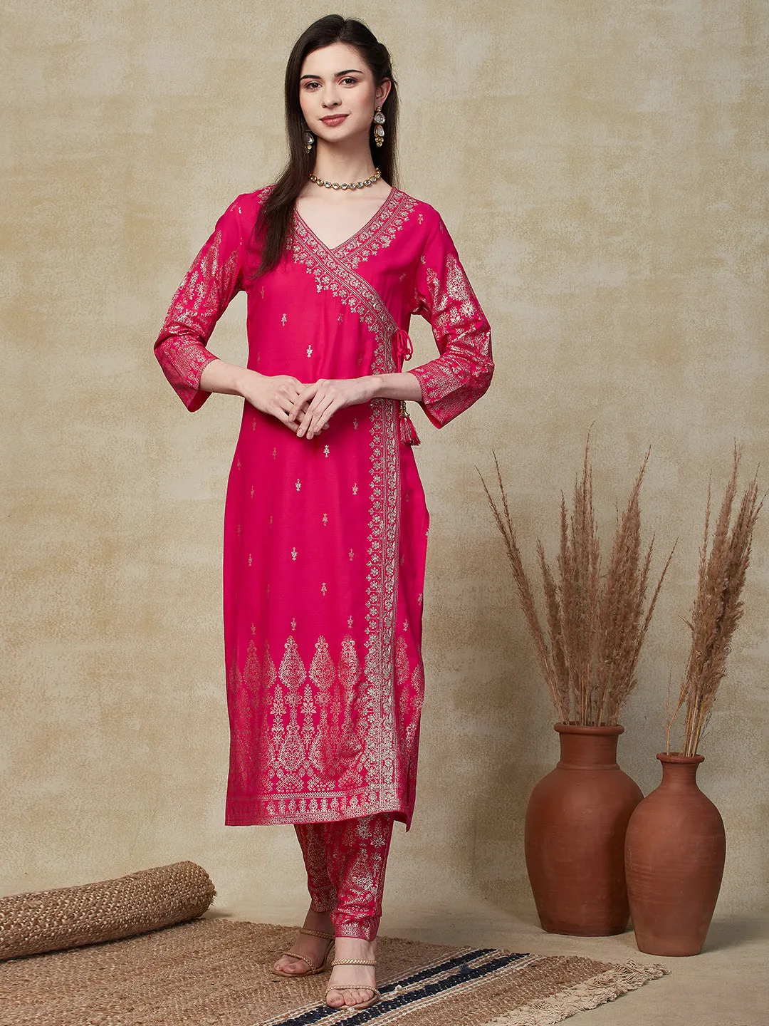 Ethnic Foil Printed & Embroidered Straight Kurta with Pant - Pink