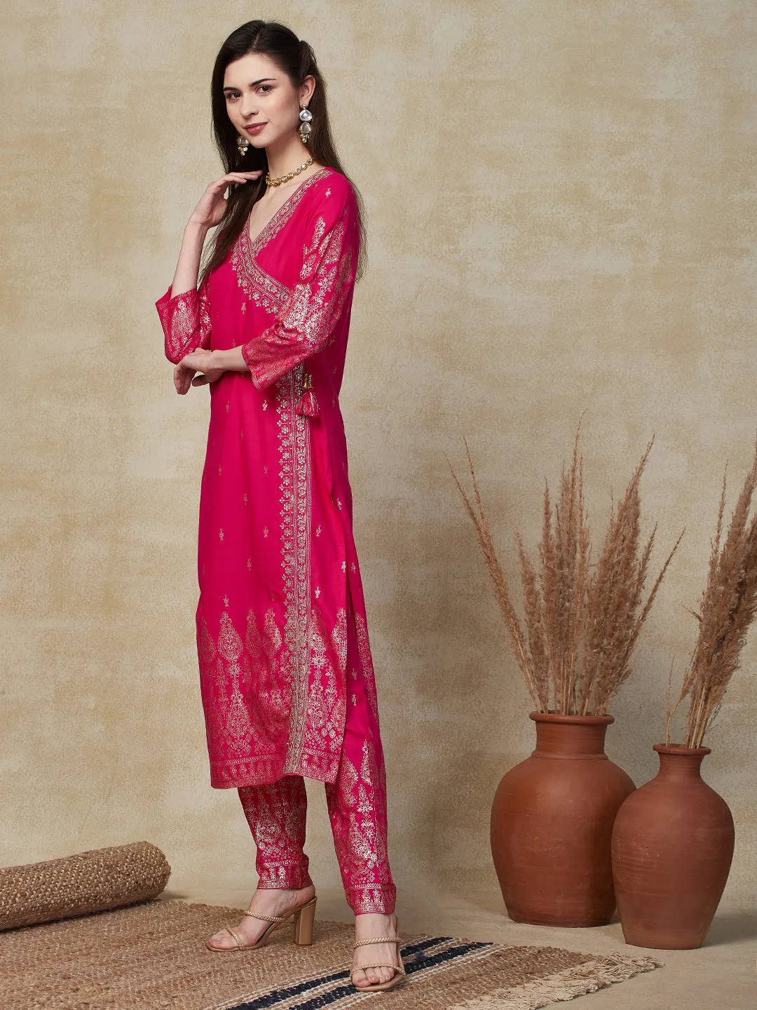 Ethnic Foil Printed & Embroidered Straight Kurta with Pant - Pink