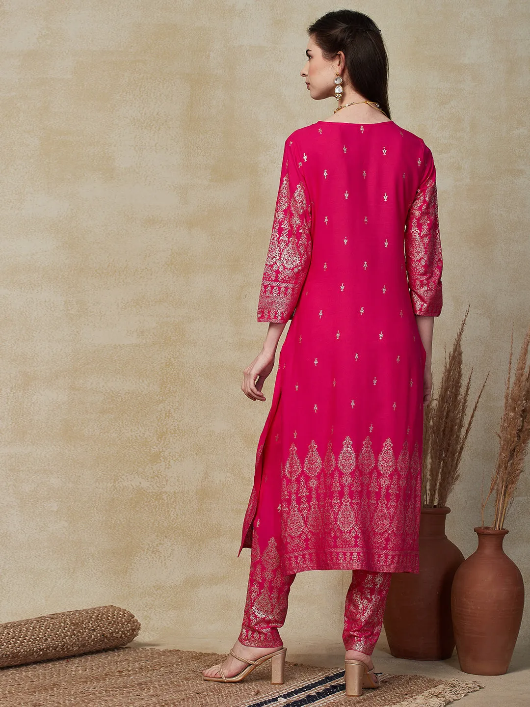 Ethnic Foil Printed & Embroidered Straight Kurta with Pant - Pink