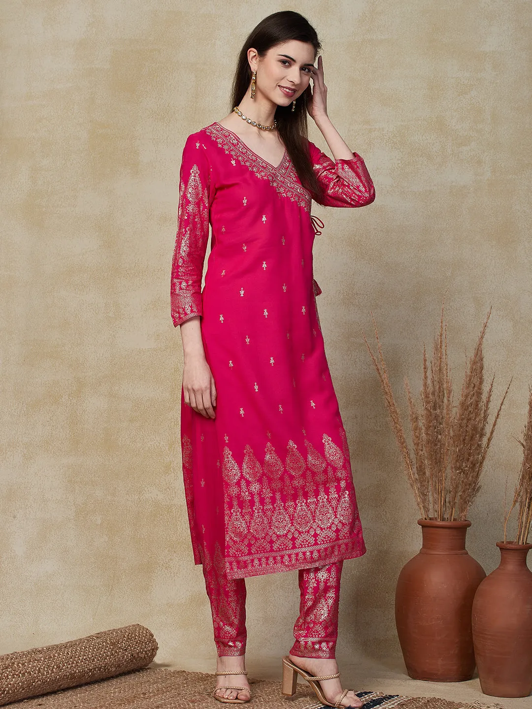 Ethnic Foil Printed & Embroidered Straight Kurta with Pant - Pink