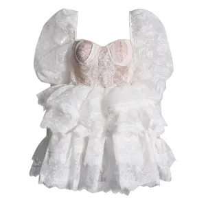 Fairytale Sweetheart Bustier Puff Sleeve Tiered Eyelash Lace Mini Dress