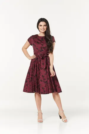 Fit&Flare Dark Floral Trixie Midi Swing Dress w Cap Sleeves