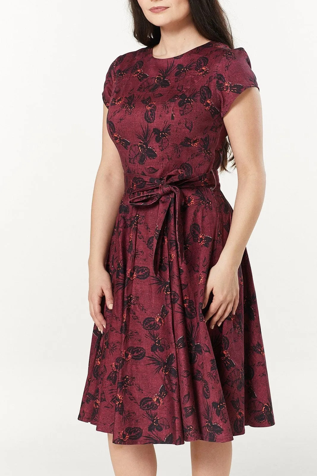 Fit&Flare Dark Floral Trixie Midi Swing Dress w Cap Sleeves