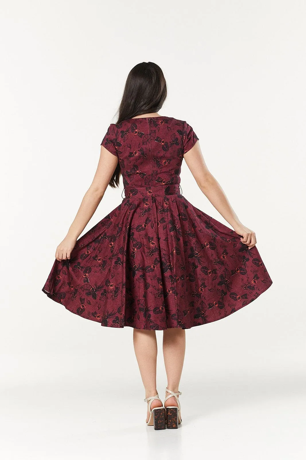 Fit&Flare Dark Floral Trixie Midi Swing Dress w Cap Sleeves