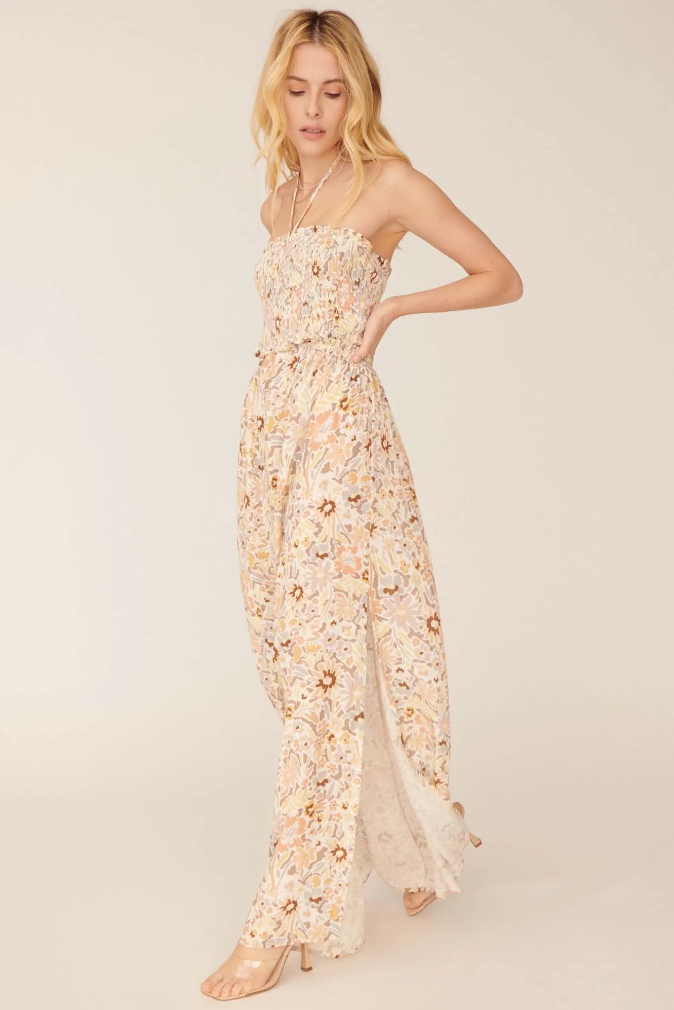 Flower Bomb Floral-Print Smocked Halter Maxi Dress