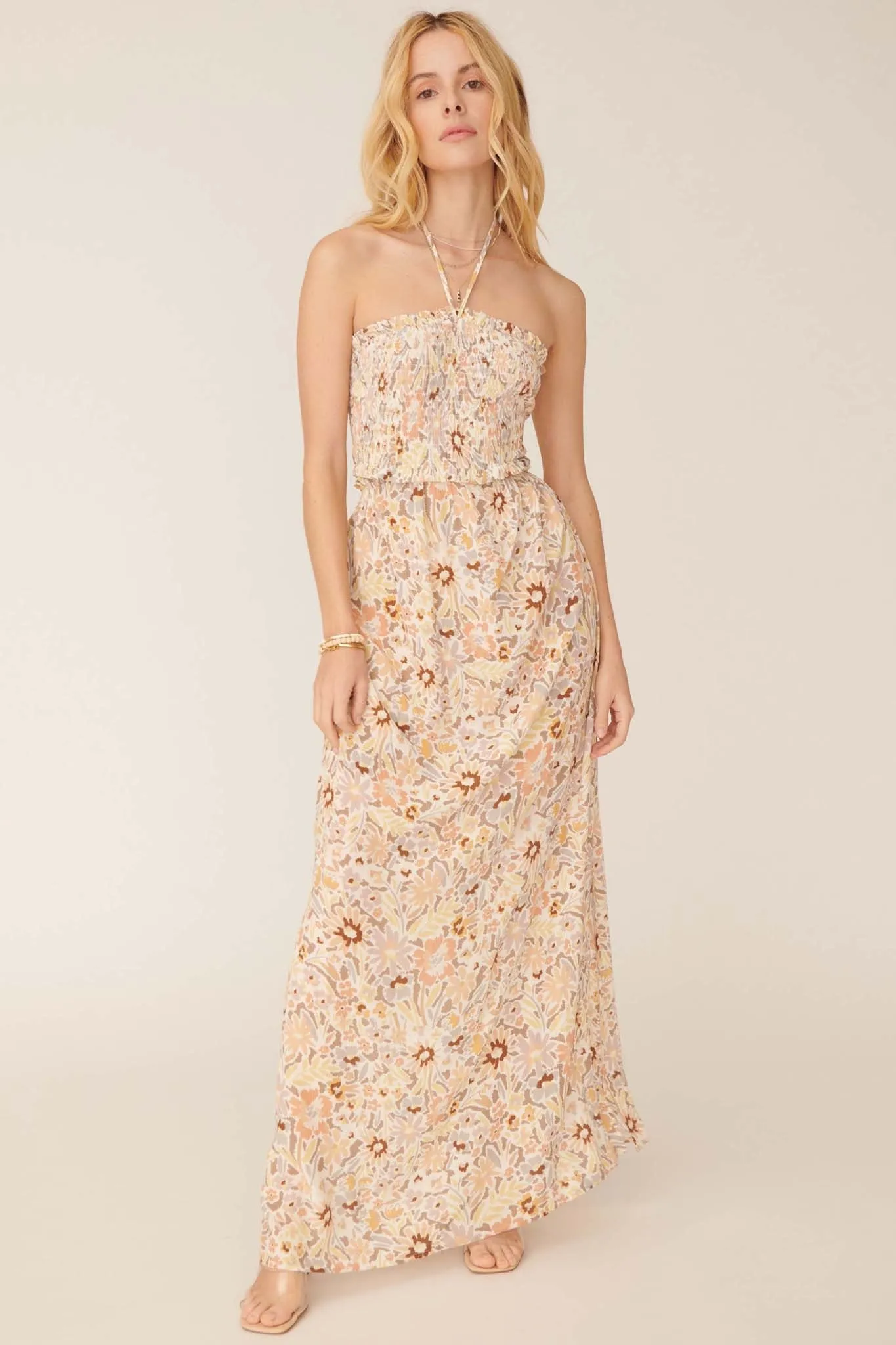 Flower Bomb Floral-Print Smocked Halter Maxi Dress