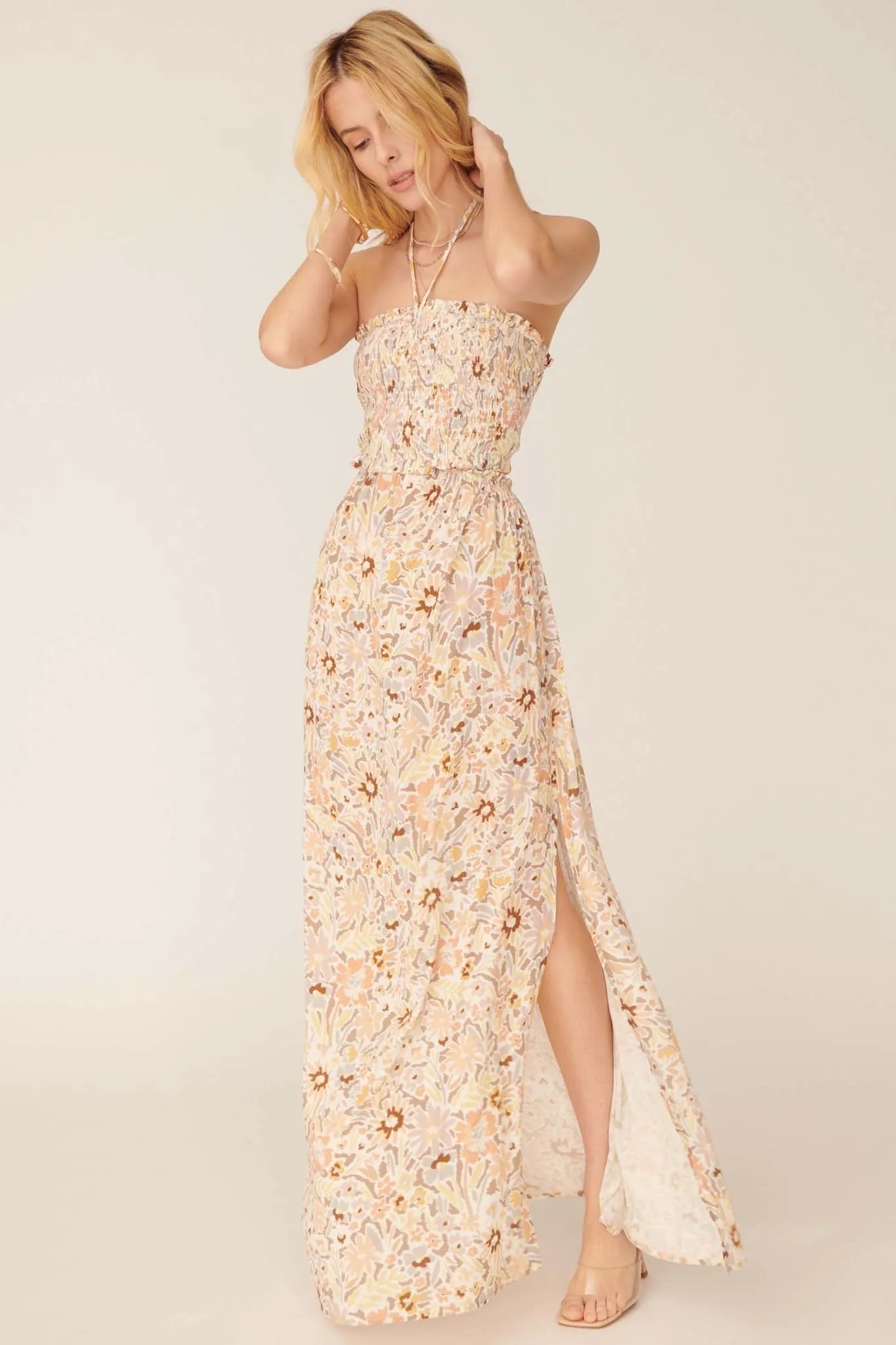 Flower Bomb Floral-Print Smocked Halter Maxi Dress