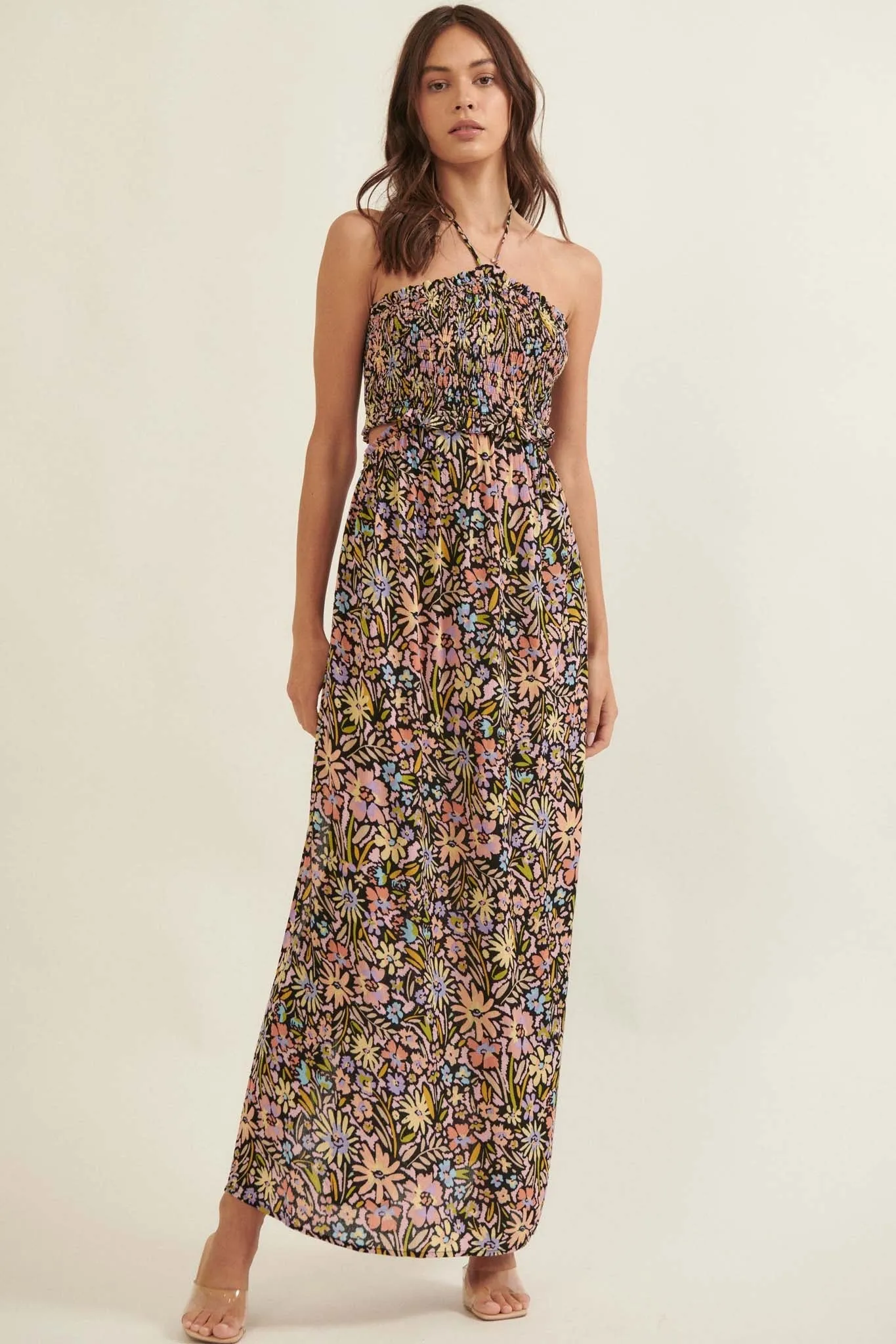 Flower Bomb Floral-Print Smocked Halter Maxi Dress