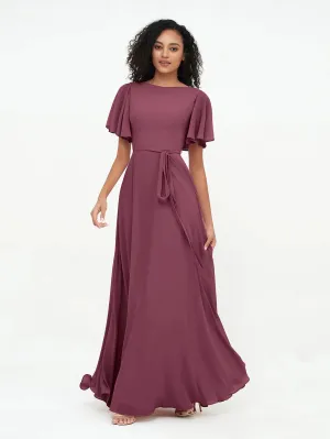 Flutter Sleeves Chiffon Max Dresses With Sash Bow-Mulberry