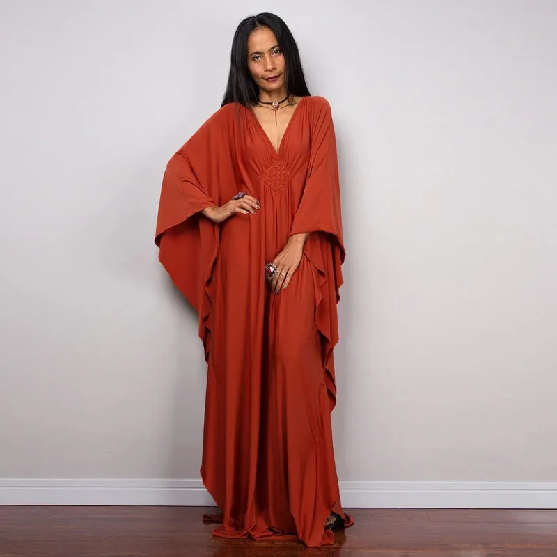 Greek Kaftan High Waist Maxi Abaya Dresses with Batwing Sleeve for Women