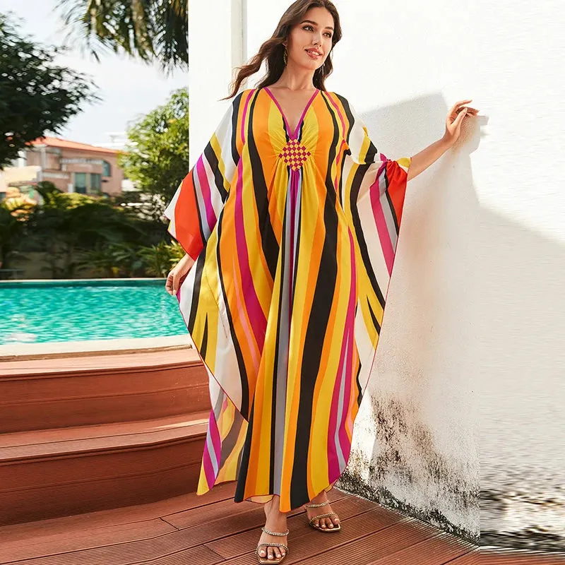 Greek Kaftan High Waist Maxi Abaya Dresses with Batwing Sleeve for Women