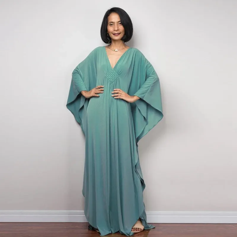 Greek Kaftan High Waist Maxi Abaya Dresses with Batwing Sleeve for Women