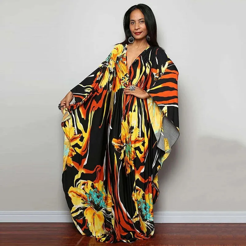 Greek Kaftan High Waist Maxi Abaya Dresses with Batwing Sleeve for Women