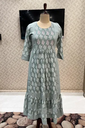 Green Chanderi Cotton Printed Anarkali Long Kurti