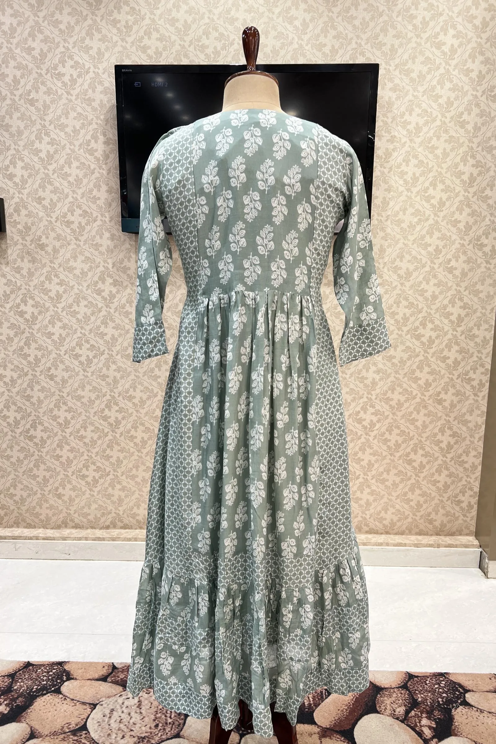 Green Chanderi Cotton Printed Anarkali Long Kurti