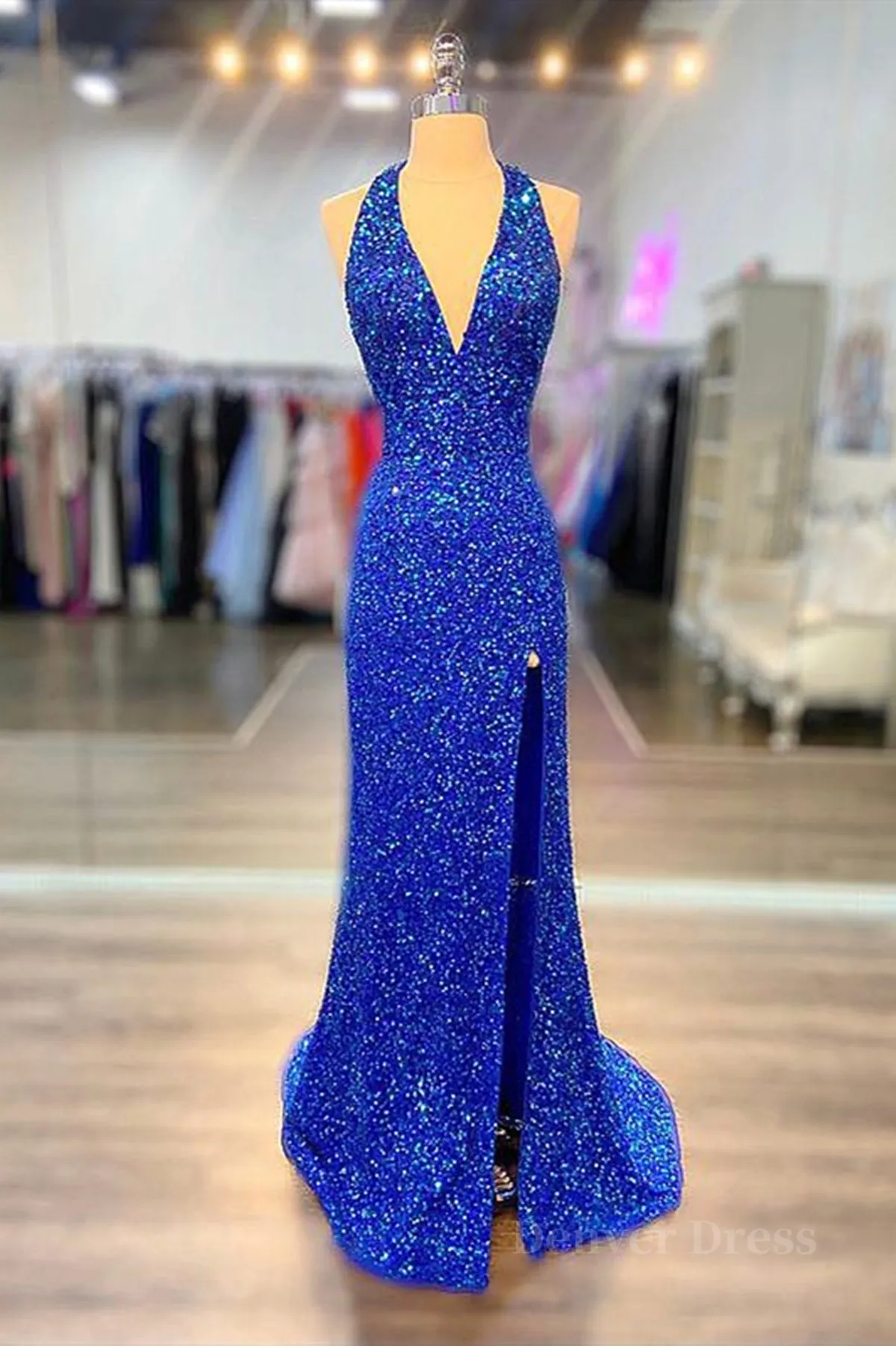 Halter Neck Royal Blue Long Prom Dresses Shiny Royal Blue Long Formal Evening Dresses