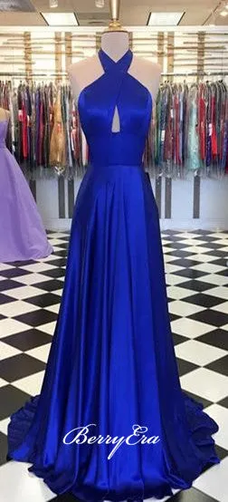 Halter Royal Blue Long Prom Dresses, Simple Elastic Satin Prom Dresses