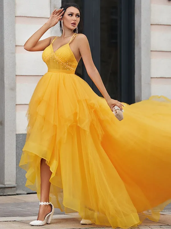 High-Low Tulle Prom Gown with Delicate Spaghetti Straps