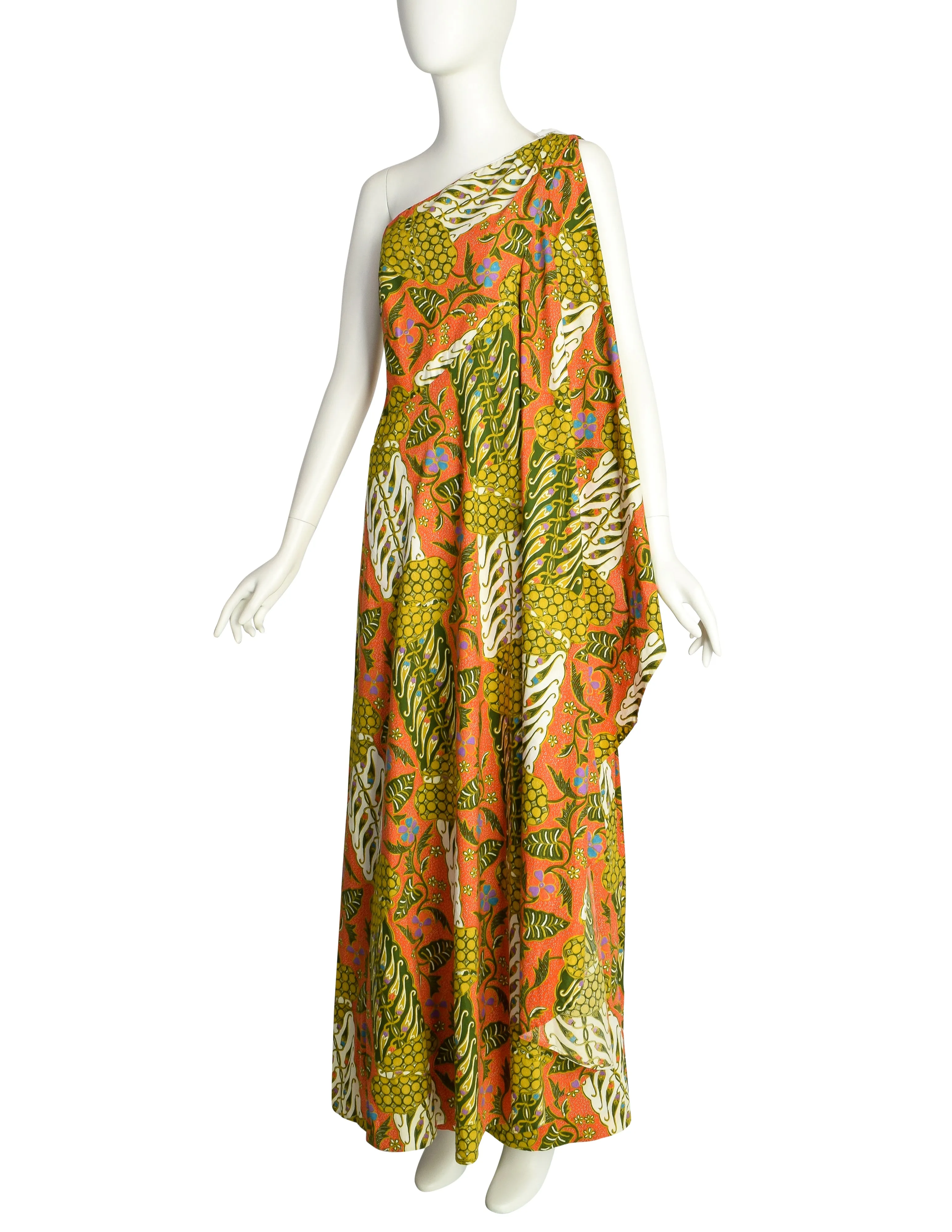 Jay Morley for Fern Violette Vintage Tropical Bohemian Print Cotton One Shoulder Cape Dress