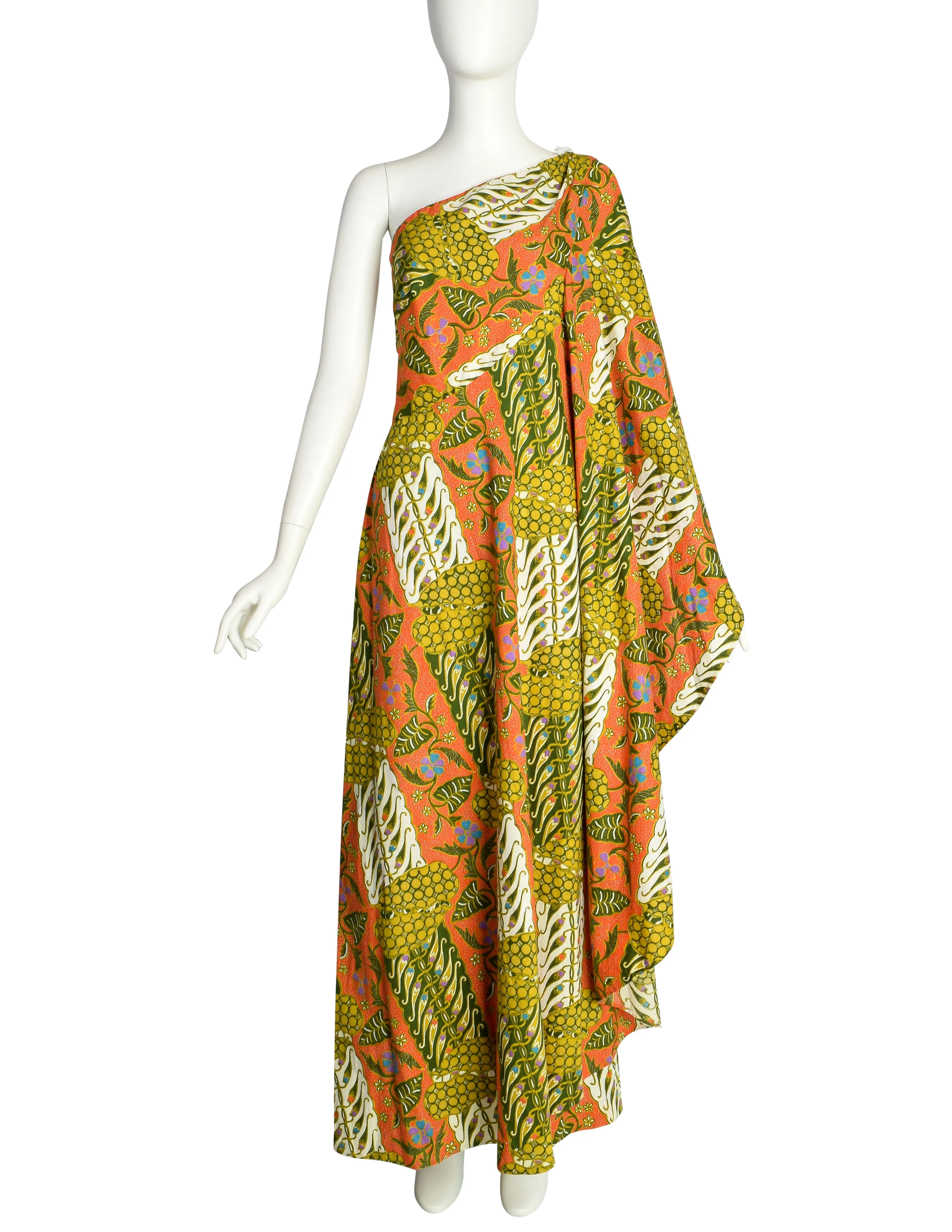 Jay Morley for Fern Violette Vintage Tropical Bohemian Print Cotton One Shoulder Cape Dress