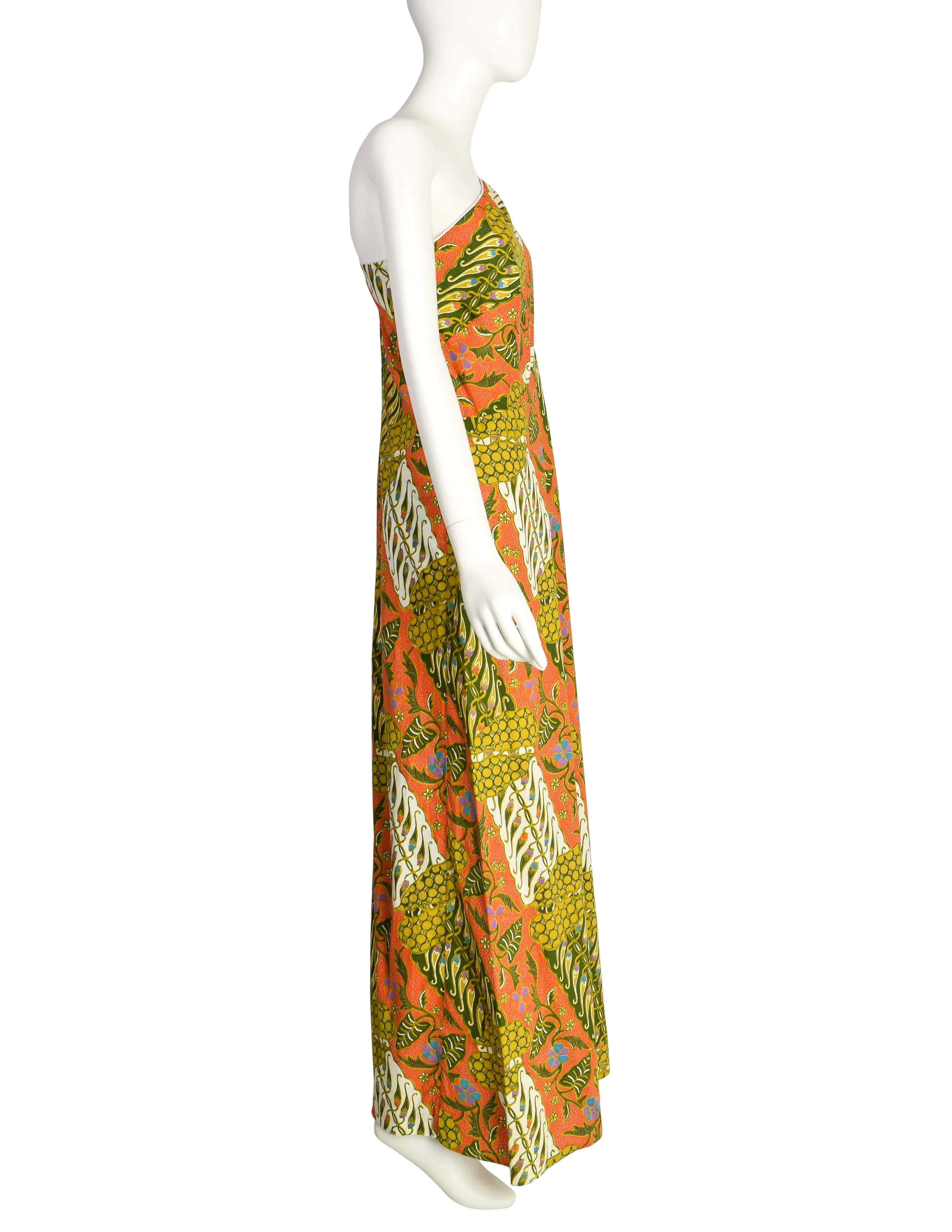 Jay Morley for Fern Violette Vintage Tropical Bohemian Print Cotton One Shoulder Cape Dress