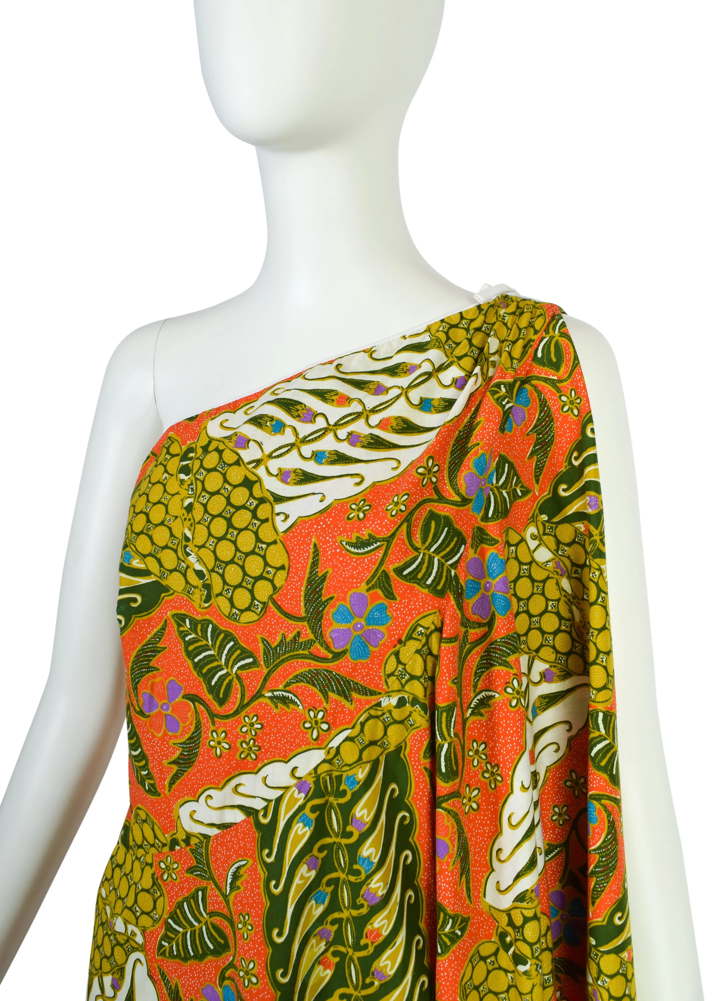 Jay Morley for Fern Violette Vintage Tropical Bohemian Print Cotton One Shoulder Cape Dress