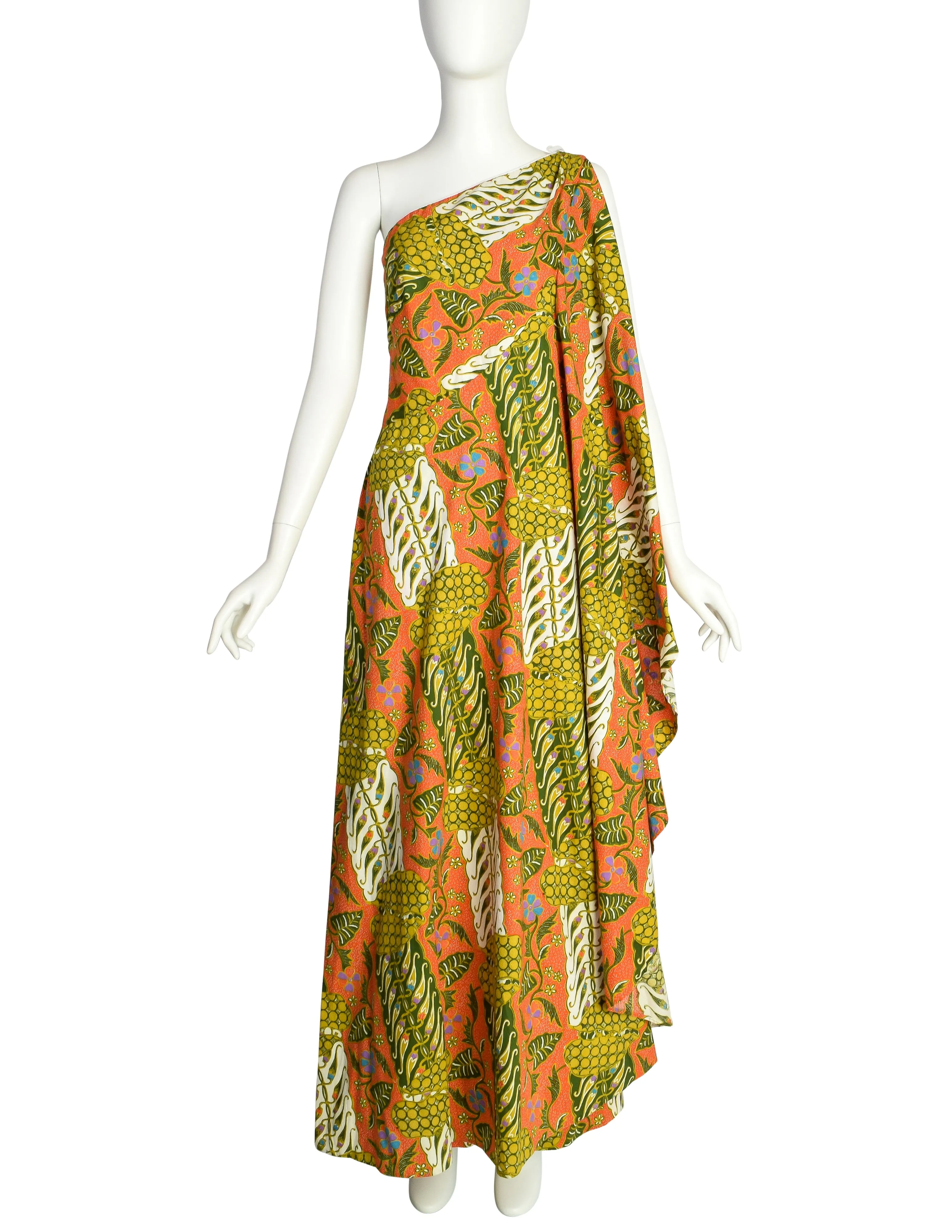 Jay Morley for Fern Violette Vintage Tropical Bohemian Print Cotton One Shoulder Cape Dress