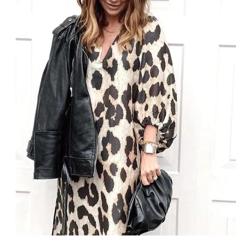 Jil V-neck Loose Lantern Sleeve Leopard Print Dress