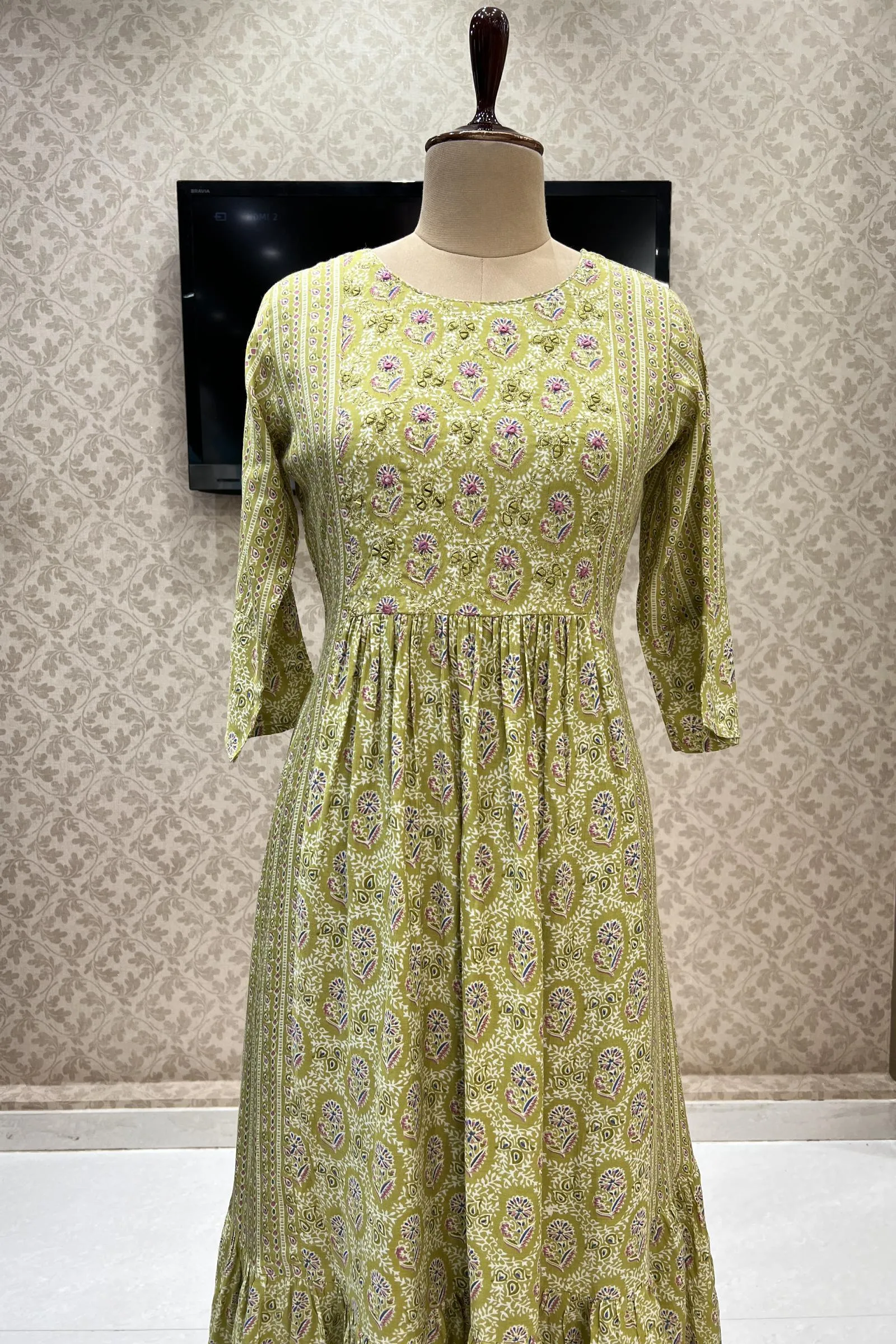 Light Green Floral Print with Mirror and Zari work Anarkali Long Kurti