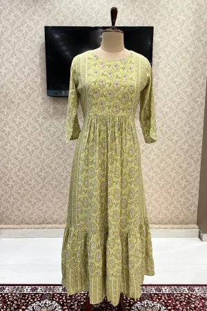 Light Green Floral Print with Mirror and Zari work Anarkali Long Kurti