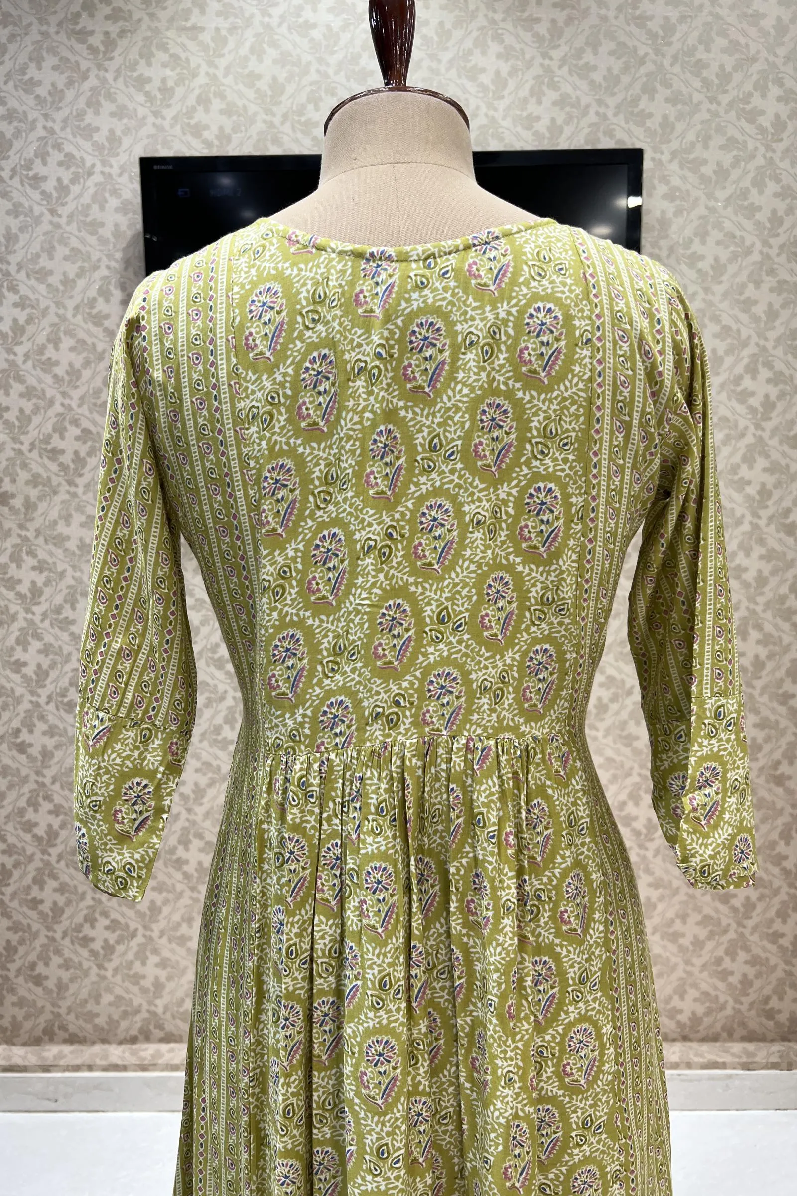 Light Green Floral Print with Mirror and Zari work Anarkali Long Kurti