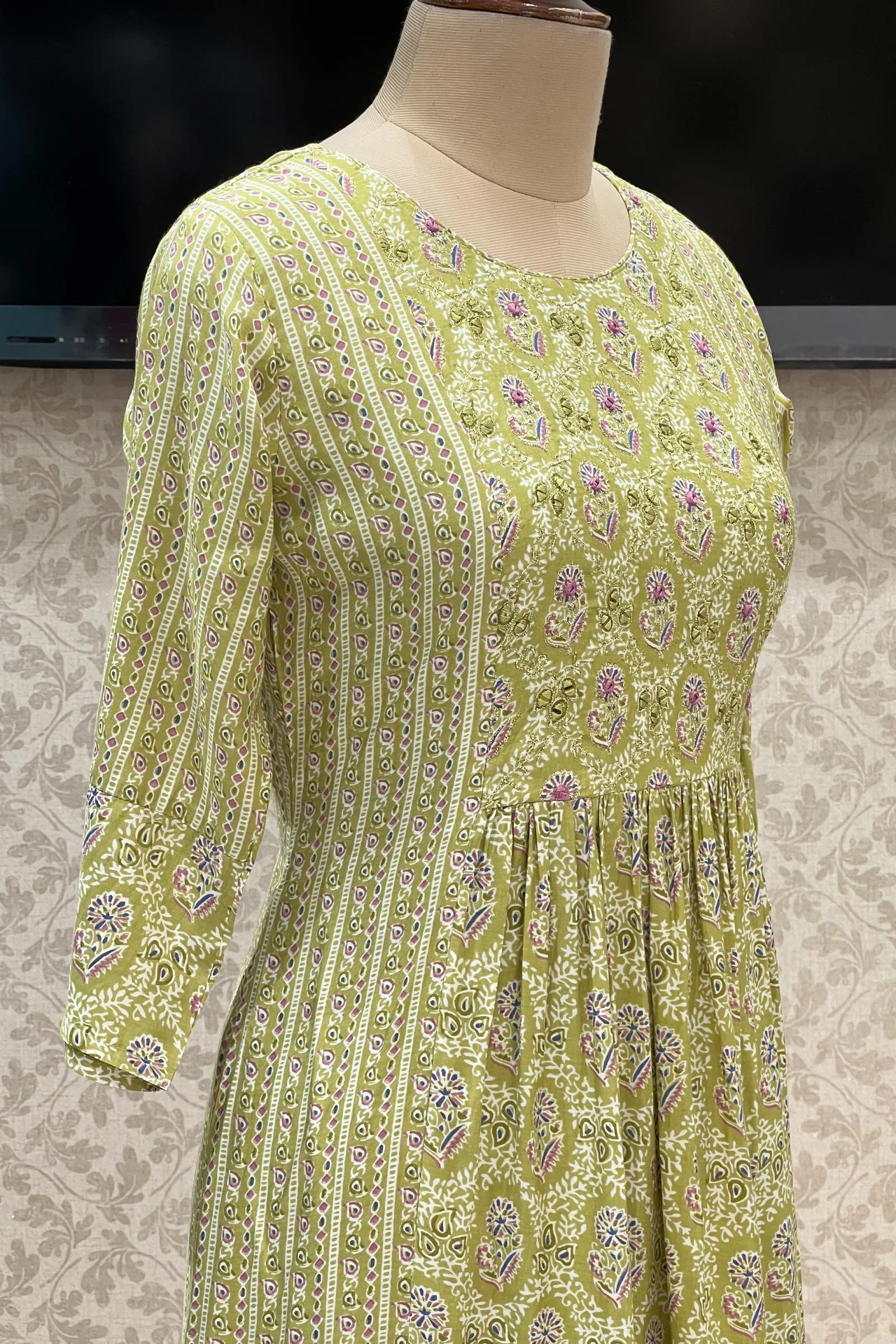 Light Green Floral Print with Mirror and Zari work Anarkali Long Kurti