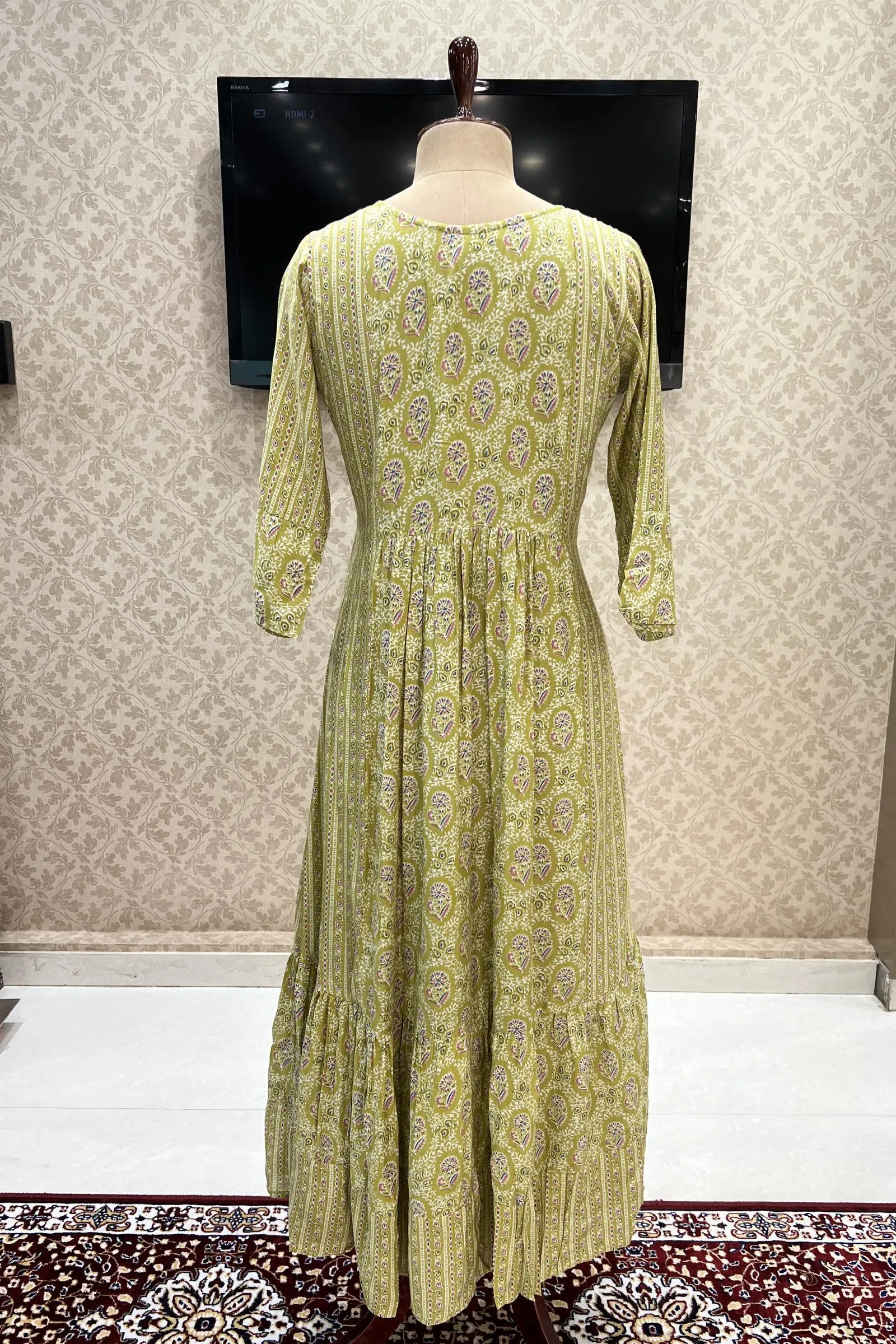 Light Green Floral Print with Mirror and Zari work Anarkali Long Kurti