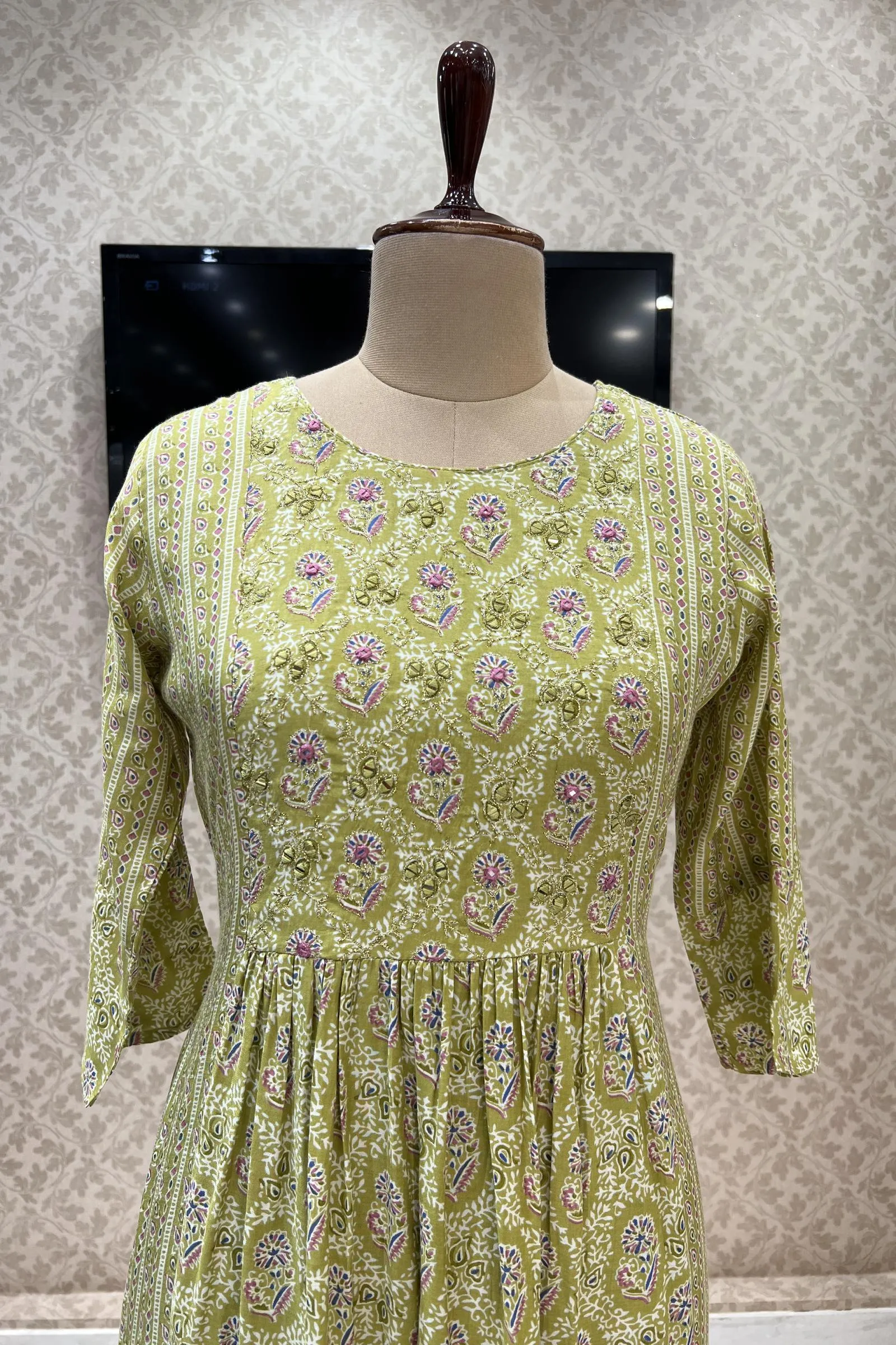 Light Green Floral Print with Mirror and Zari work Anarkali Long Kurti