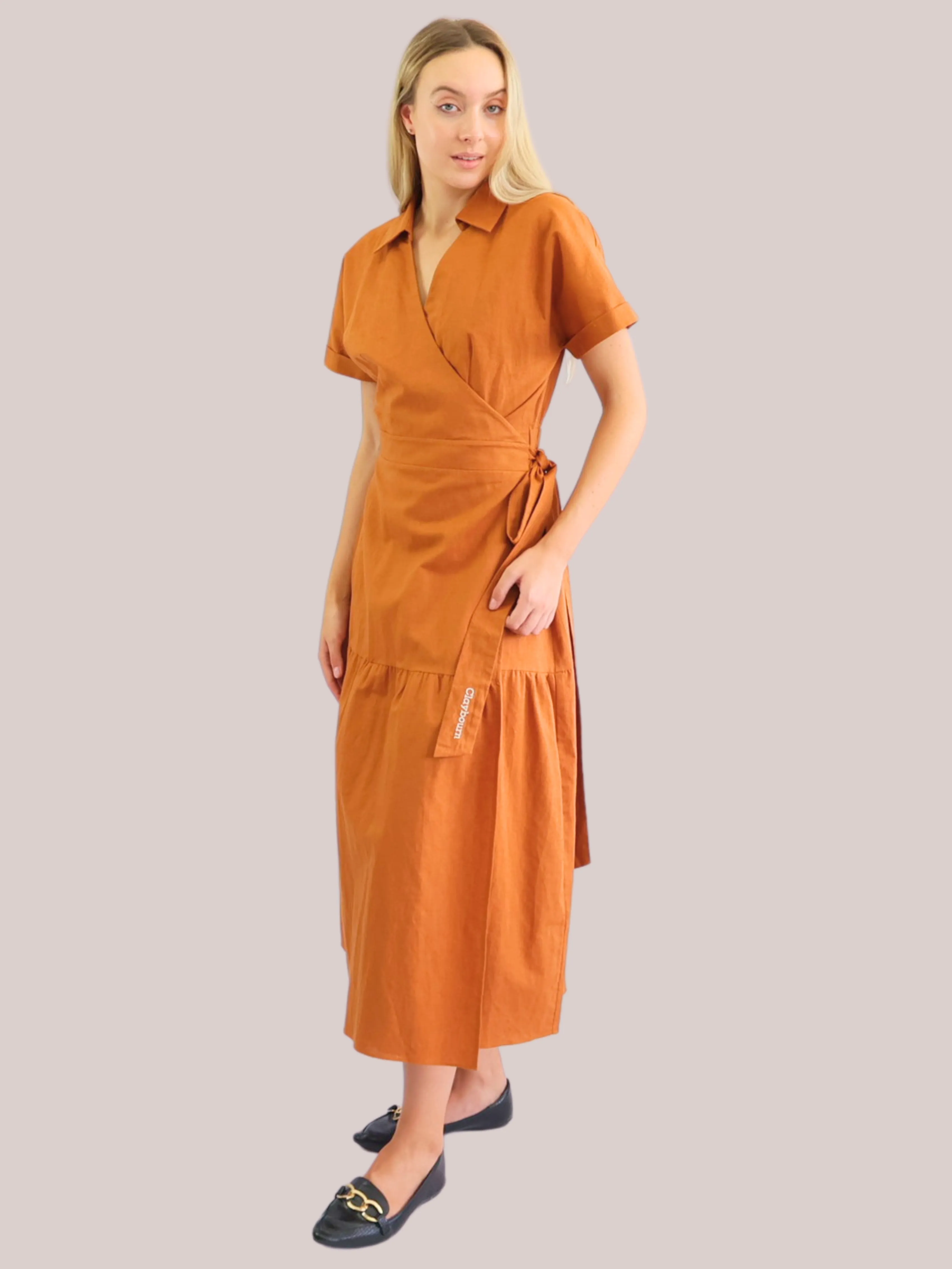 Linen-Cotton Wrap Front Dress