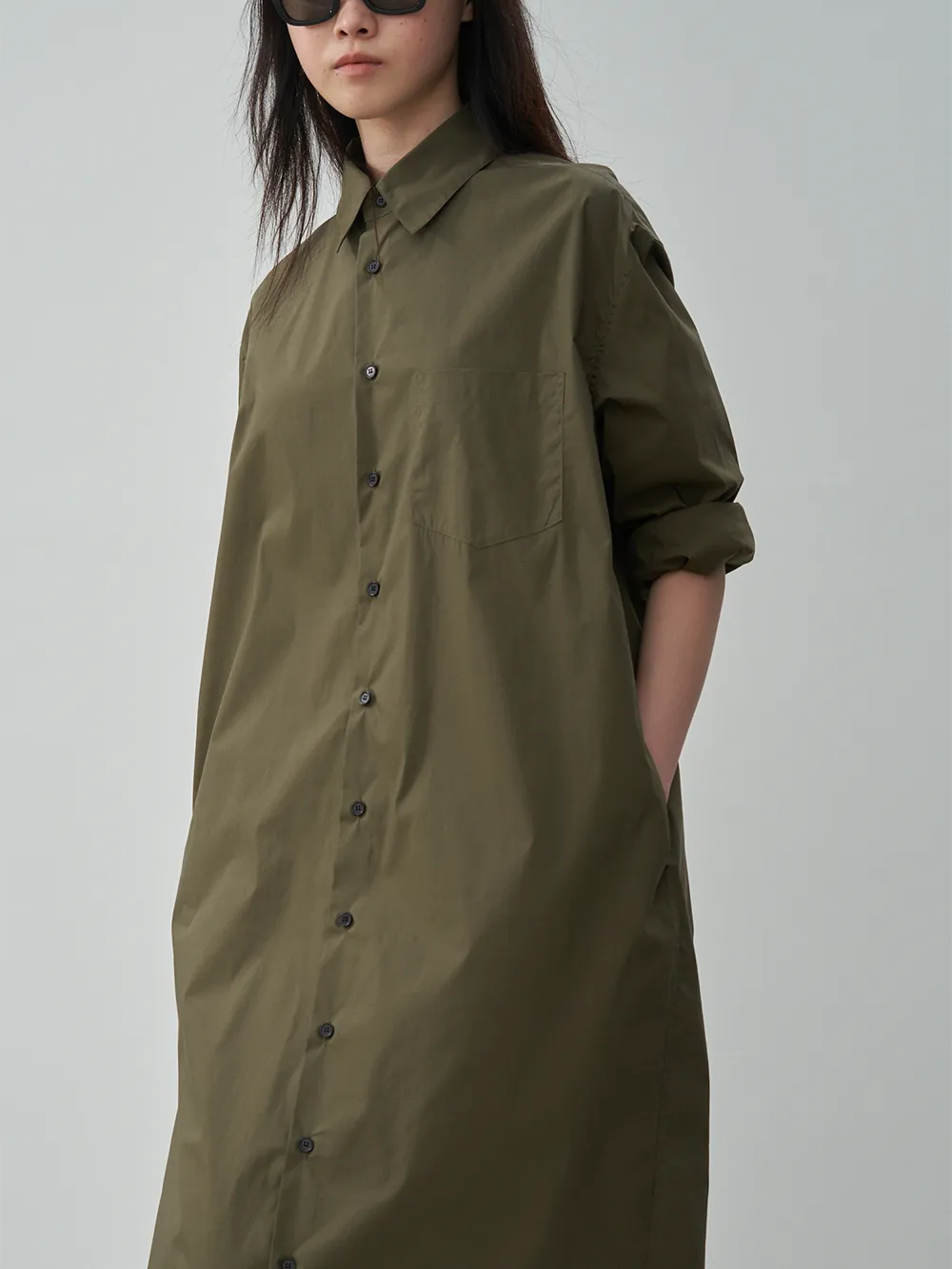 LONG-SLEEVE PETER SHIRT DRESS (KHAKI)