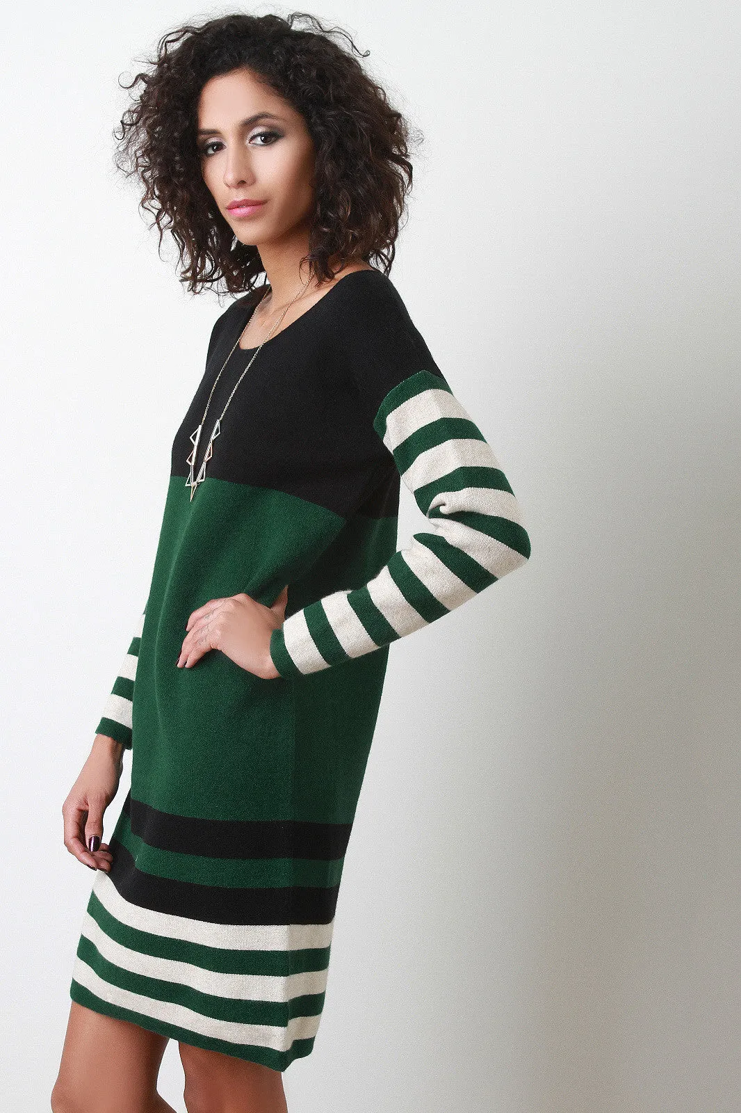 Long Sleeved Sweater Colorblock Striped Shift Dress