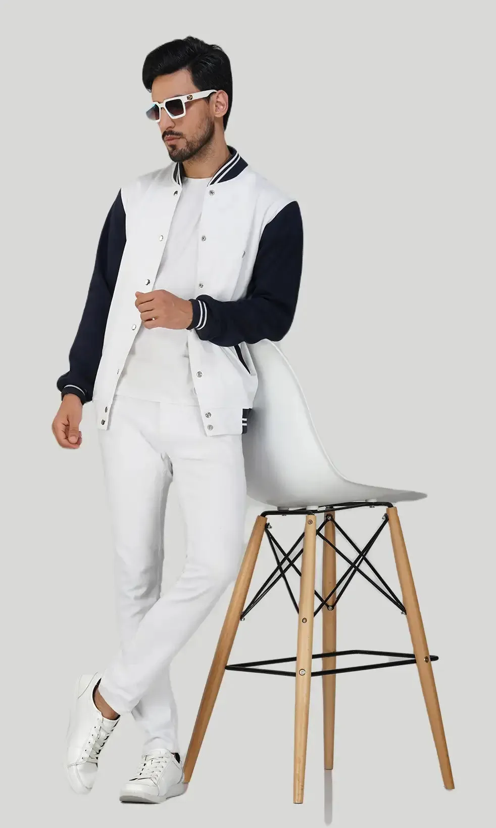 Mebadass Cotton Men's Varsity Winterwear Jacket - White & Navy