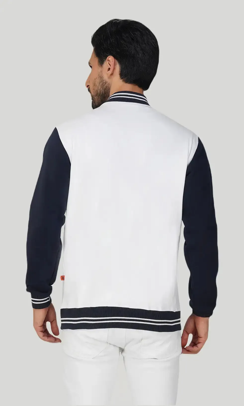 Mebadass Cotton Men's Varsity Winterwear Jacket - White & Navy