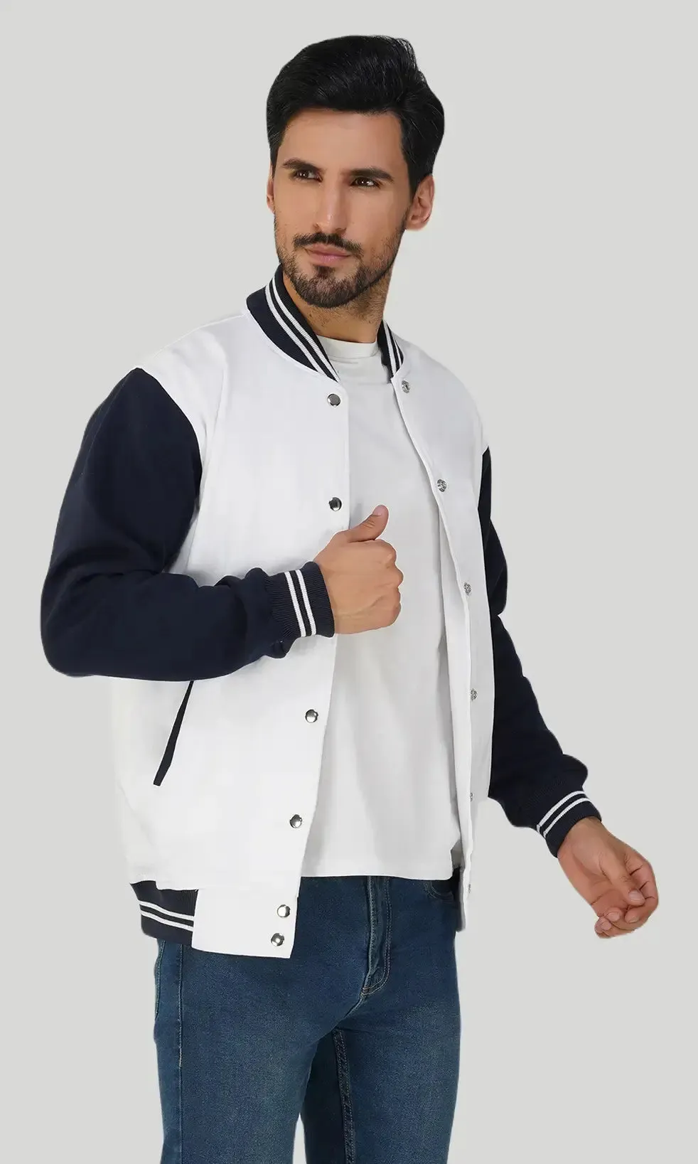 Mebadass Cotton Men's Varsity Winterwear Jacket - White & Navy