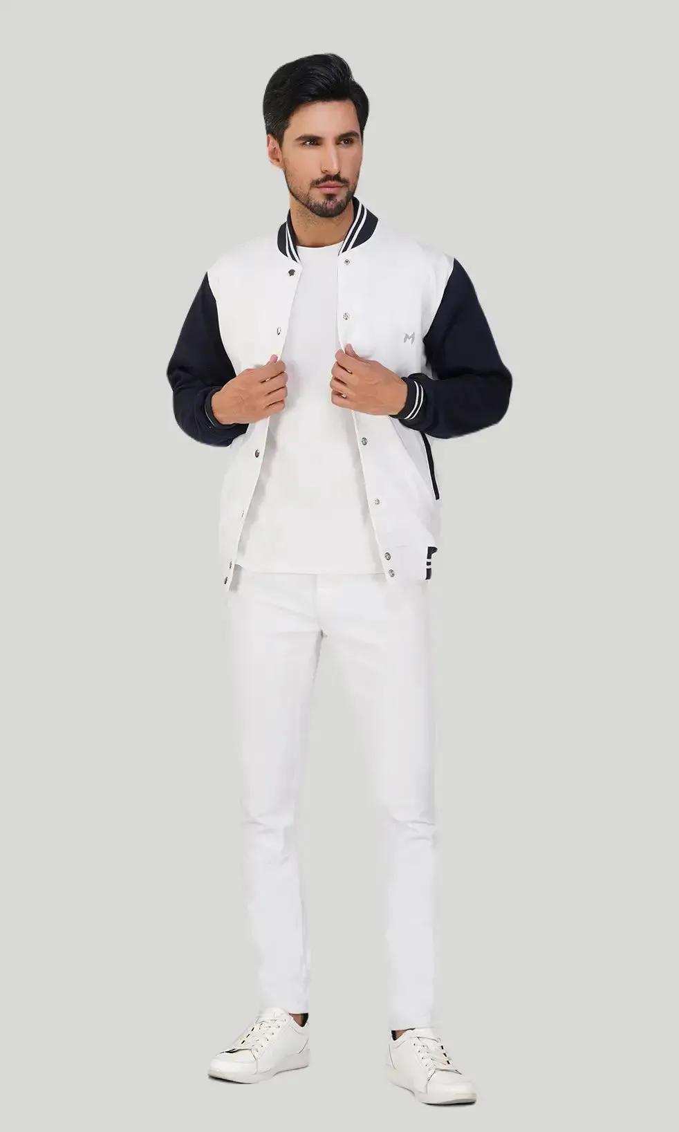 Mebadass Cotton Men's Varsity Winterwear Jacket - White & Navy