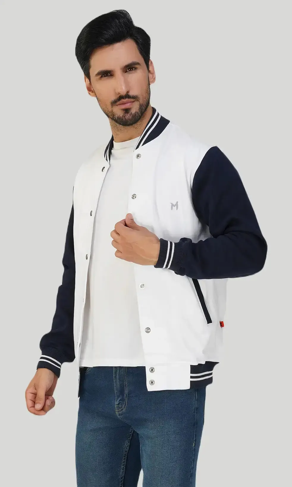 Mebadass Cotton Men's Varsity Winterwear Jacket - White & Navy