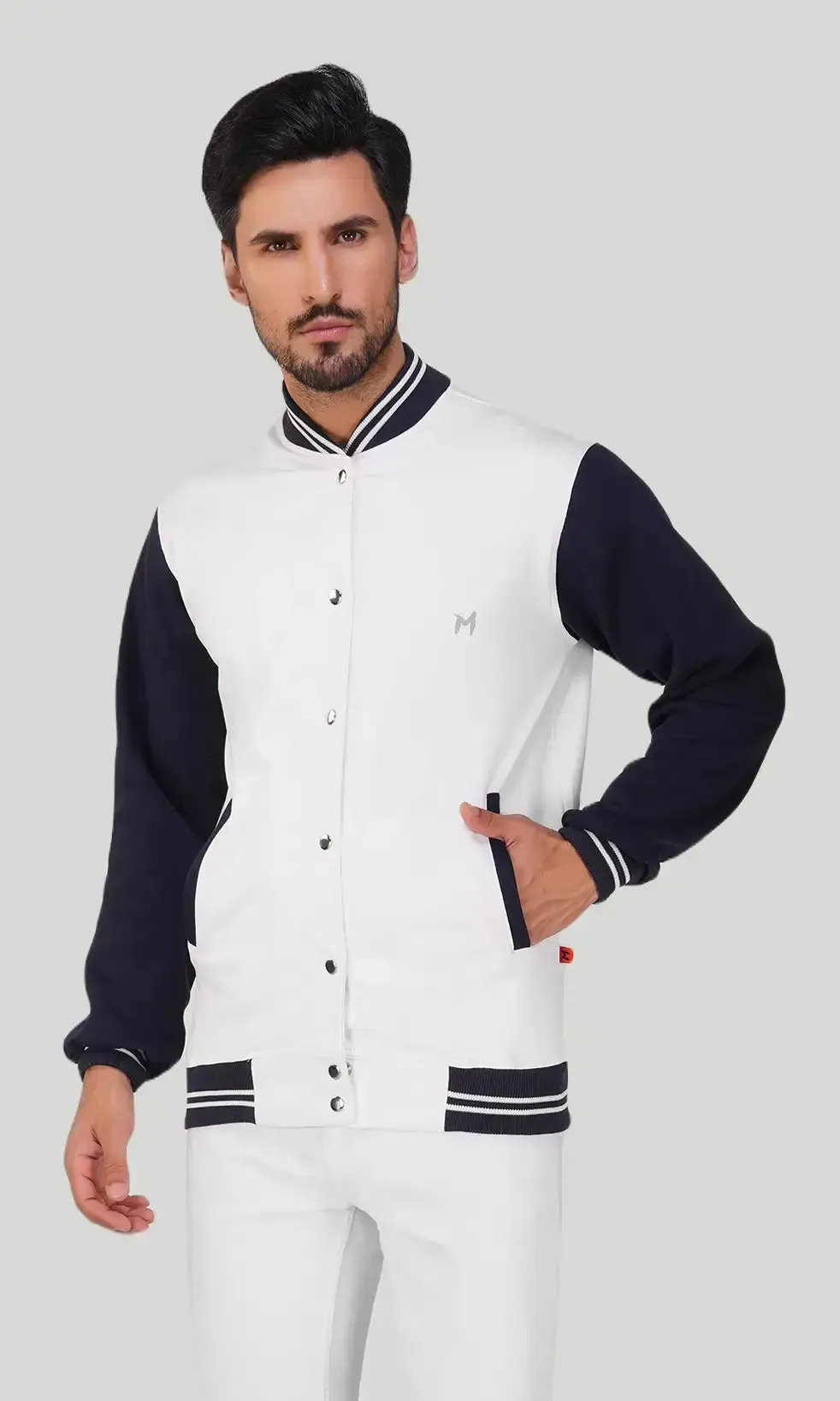 Mebadass Cotton Men's Varsity Winterwear Jacket - White & Navy