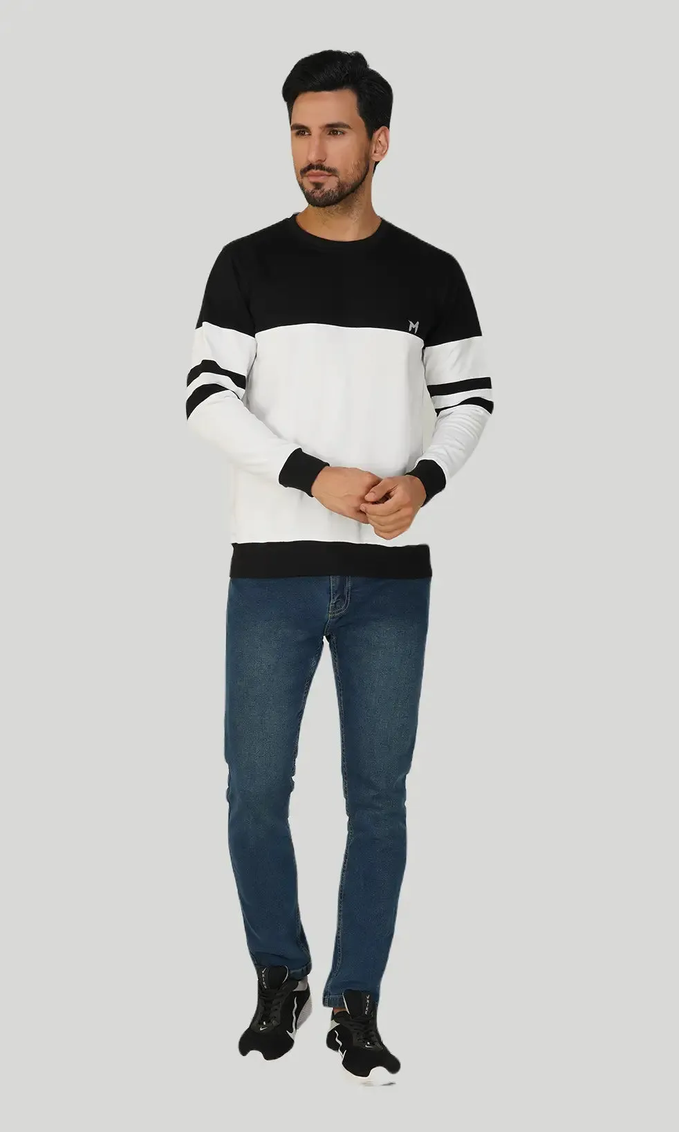 Mebadass Cotton Men's Winterwear ColorBlocked Sweatshirt - Black & White