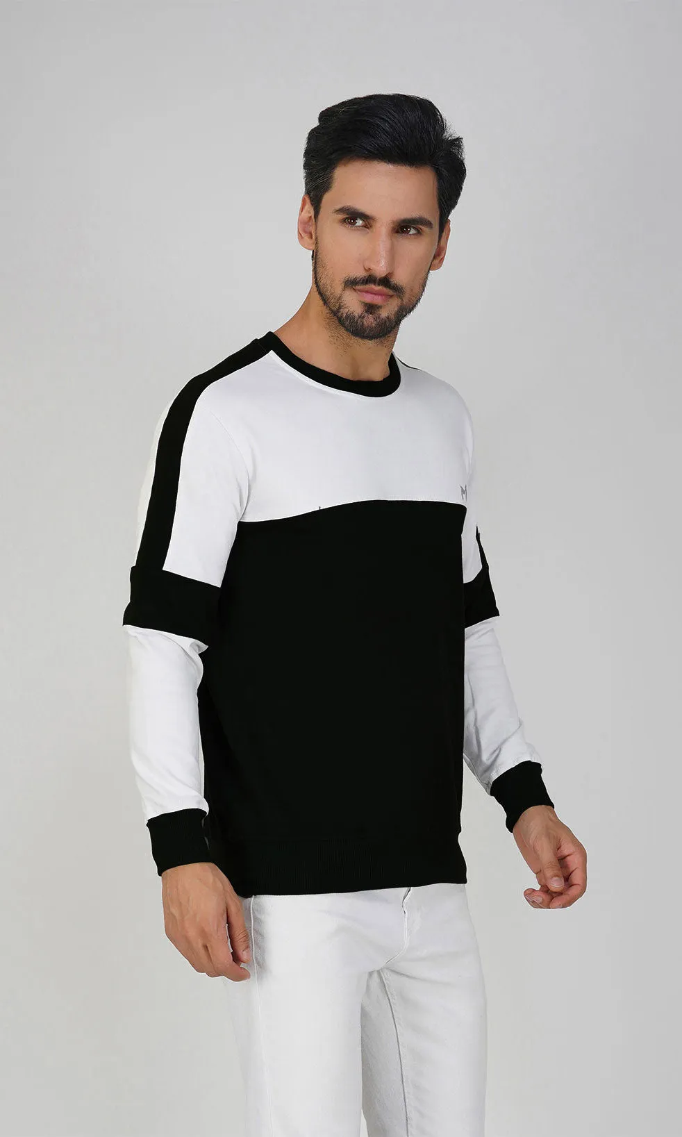 Mebadass Cotton Men's Winterwear ColorBlocked Sweatshirt - White Black Arm