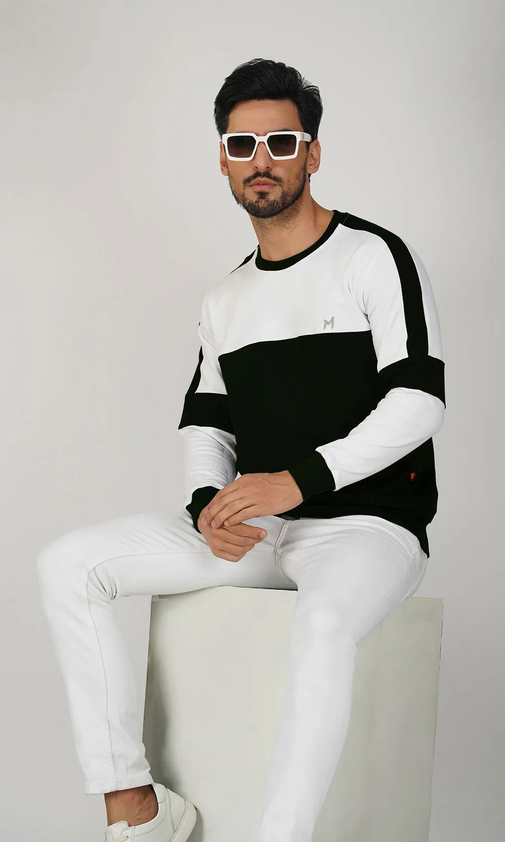 Mebadass Cotton Men's Winterwear ColorBlocked Sweatshirt - White Black Arm