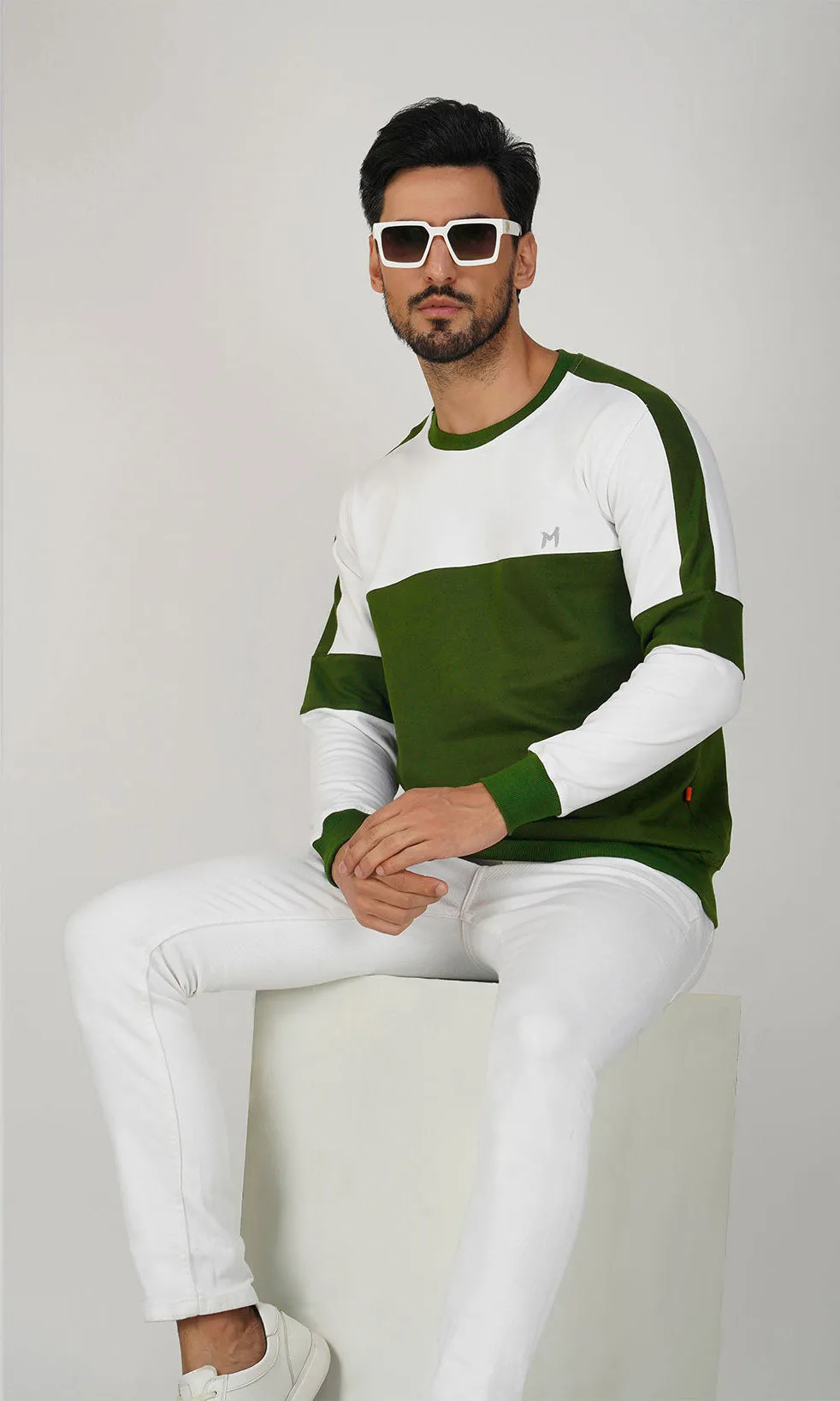 Mebadass Cotton Men's Winterwear ColorBlocked Sweatshirt - White Olive Arm