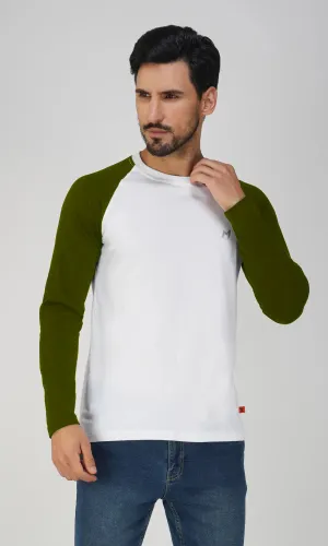 Mebadass Men's Fullsleeve  Raglan T-shirt - Olive White